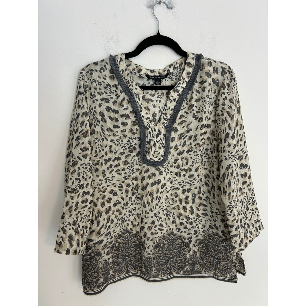 Zac & Rachel Leopard Paisley Print Fringe V-Neck Blouse Large Tan Grey